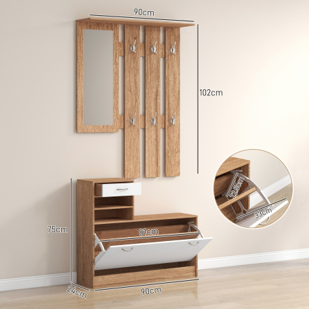 Set Mobilier Modern cu Etajera pentru Pantofi, Oglinda cu 6 Carlige, 2 Rafturi si Sertare, 90x24x177 cm, Lemn Natural [2]