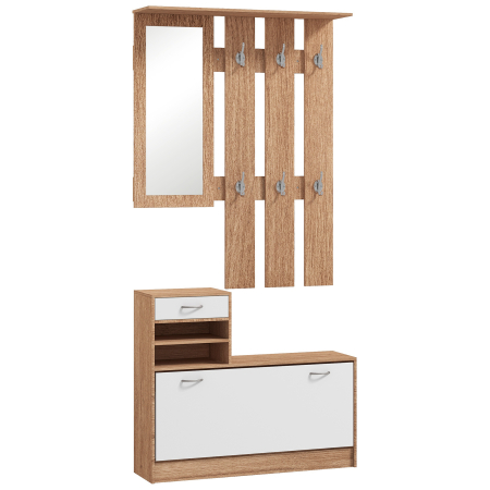 Pantofare -  Set Mobilier Modern cu Etajera pentru Pantofi, Oglinda cu 6 Carlige, 2 Rafturi si Sertare, 90x24x177 cm, Lemn Natural