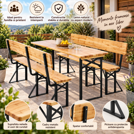 Set mobilier pliabil pentru gradina si evenimente, 3 piese, masa si 2 banci cu spatar pentru confort sporit, lemn de pin impregnat si lacuit, cadru di [9]