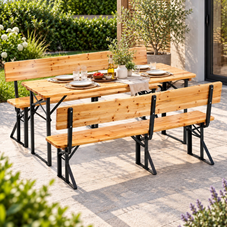 Gradina & balcon - Set mobilier pliabil pentru gradina si evenimente, 3 piese, masa si 2 banci cu spatar pentru confort sporit, lemn de pin impregnat si lacuit, cadru di