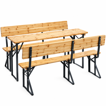 Set mobilier pliabil pentru gradina si evenimente, 3 piese, masa si 2 banci cu spatar pentru confort sporit, lemn de pin impregnat si lacuit, cadru di [5]