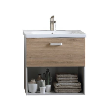 Baie - Set mobilier suspendat si lavoar Kolpasan Evelin, 65 cm, sertar Soft Close, lavoar ceramica, stejar gri