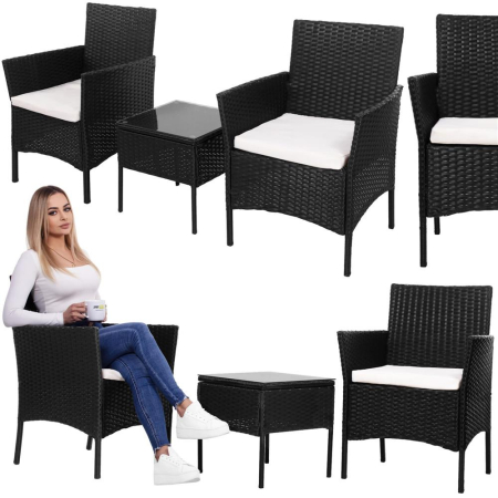 Set mobilier terasa, din tehnorattan, masa cu blat sticla securizata, 2 fotolii cu perne, negru [10]