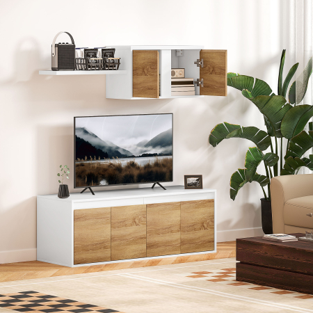  Set Mobilier TV si Dulap Suspendat cu 7 Rafturi si Raft Deschis, Mobilier pentru TV din PAL, 120x41x43,3 cm, Alb [1]
