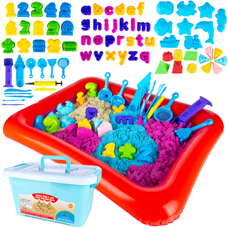 Dormitor & birou - Set nisip kinetic XXL pentru copii cu 4.5kg nisip colorat, 75 forme, tavita gonflabila 55x41x7 cm
