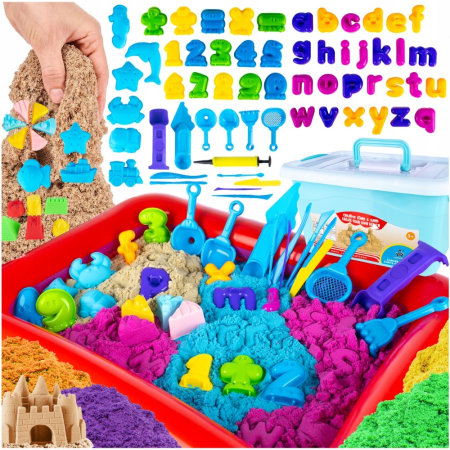 Set nisip kinetic XXL pentru copii cu 4.5kg nisip colorat, 75 forme, tavita gonflabila 55x41x7 cm [1]