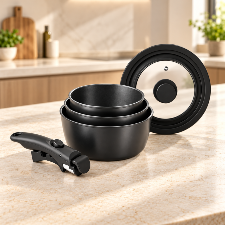 Set oale HAEGER EASY FIT, 16/18/20 cm, 5 piese, Maner detasabil, Capac sticla inclus, Strat antiaderent ILAG Ultimate, Compatibile cu toate tipurile de plita, Negru [1]