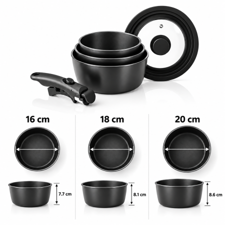 Set oale HAEGER EASY FIT, 16/18/20 cm, 5 piese, Maner detasabil, Capac sticla inclus, Strat antiaderent ILAG Ultimate, Compatibile cu toate tipurile de plita, Negru [5]