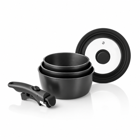 Oale si cratite - Set oale HAEGER EASY FIT, 16/18/20 cm, 5 piese, Maner detasabil, Capac sticla inclus, Strat antiaderent ILAG Ultimate, Compatibile cu toate tipurile de plita, Negru
