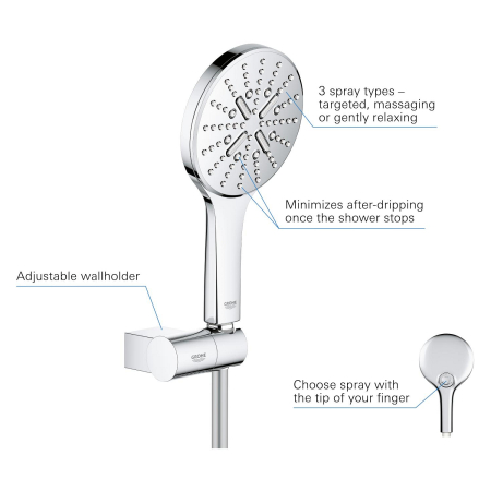 Set para dus Grohe 26580000, 130 mm, 1.5 m, 247 mm, 3 functii, 1/2 racord, sistem anticalcar, suport dus reglabil, Crom [3]
