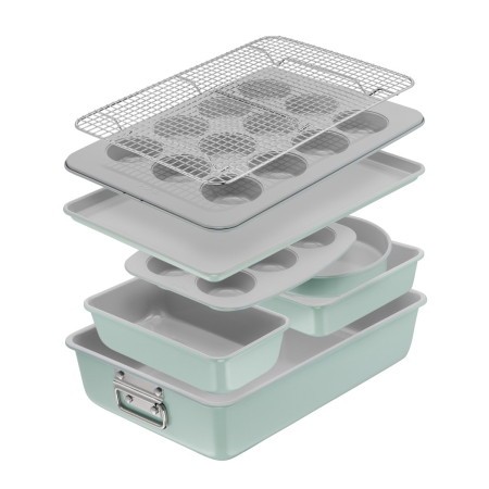 Tavi - Set pentru copt Tefal Ceramik J175S804, 8 piese, invelis ceramic antiaderent, design stivuibil, verde