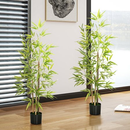  Set Plante Bambus Artificiale cu 3 Trunchiuri cu Ghiveci, Plante Artificiale din PP si Metal, 15x15x120 cm, Verde [3]