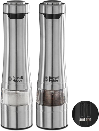 Electrocasnice - Set rasnite electrice Russell Hobbs, condimente, mecanism ceramic, iluminare LED, design elegant, argintiu