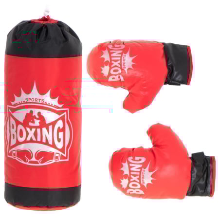 Jucarii si accesorii - Set sac de box pentru copii 53x45 cm, cu manusi incluse, pentru antrenament acasa, rosu-negru