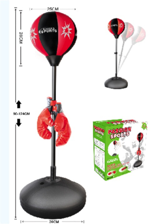 Set sac de box pentru copii, cu baza stabila, reglabila 90–124 cm, manusi si pompa incluse, negru-rosu [1]