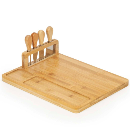 Bucatarie - Set servire branzeturi platou bambus suport cutite 4 accesorii, 35x28x8 cm, design natural, maro natur