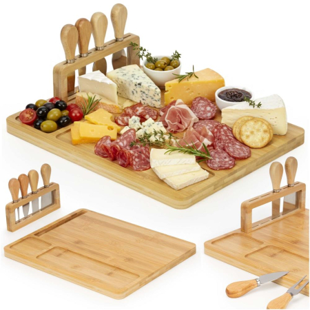 Set servire branzeturi platou bambus suport cutite 4 accesorii, 35x28x8 cm, design natural, maro natur [2]