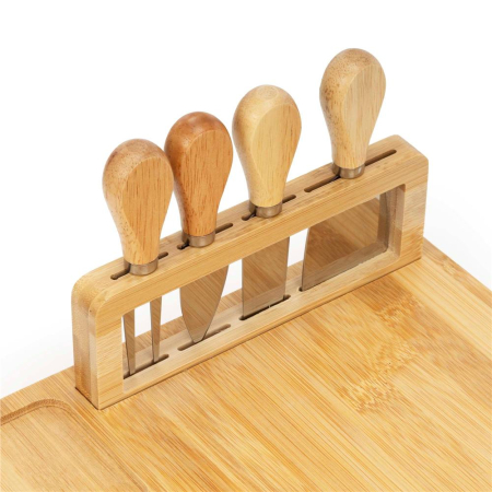 Set servire branzeturi platou bambus suport cutite 4 accesorii, 35x28x8 cm, design natural, maro natur [5]