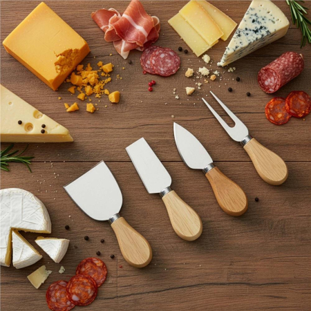 Set servire branzeturi platou bambus suport cutite 4 accesorii, 35x28x8 cm, design natural, maro natur [12]