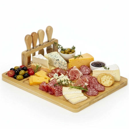 Set servire branzeturi platou bambus suport cutite 4 accesorii, 35x28x8 cm, design natural, maro natur [11]