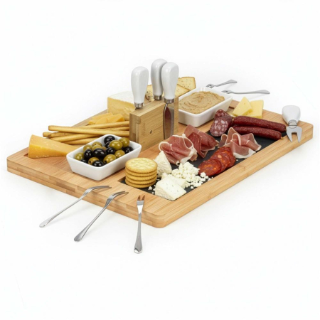 Set servire branzeturi platou bambus piatra 2 boluri 10 accesorii, 40x30x8 cm, design elegant, natur [13]