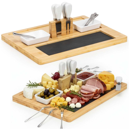 Set servire branzeturi platou bambus piatra 2 boluri 10 accesorii, 40x30x8 cm, design elegant, natur [3]