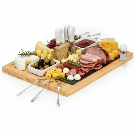 Set servire branzeturi platou bambus piatra 2 boluri 10 accesorii, 40x30x8 cm, design elegant, natur [14]