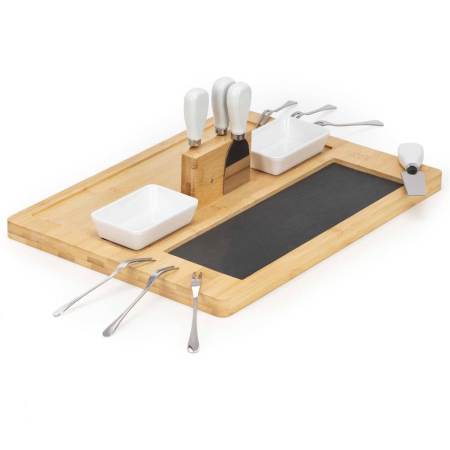 Set servire branzeturi platou bambus piatra 2 boluri 10 accesorii, 40x30x8 cm, design elegant, natur [5]
