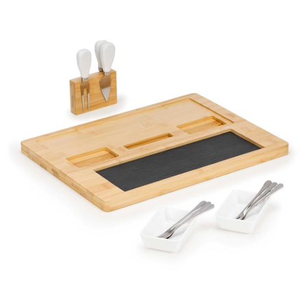 Set servire branzeturi platou bambus piatra 2 boluri 10 accesorii, 40x30x8 cm, design elegant, natur [4]