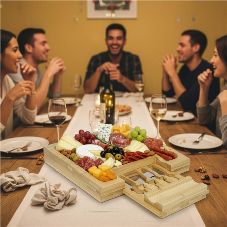 Set servire branzeturi platou bambus sertar glisant 4 accesorii, 33x33x4 cm, compact, maro natur [14]