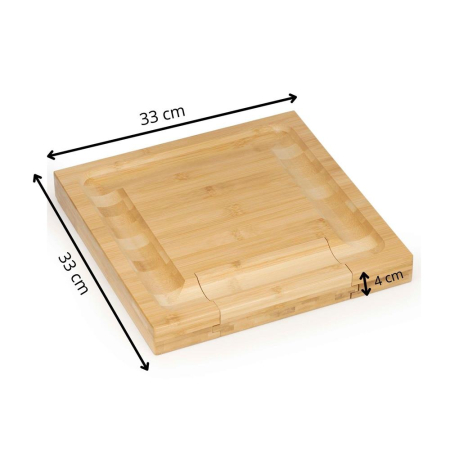 Set servire branzeturi platou bambus sertar glisant 4 accesorii, 33x33x4 cm, compact, maro natur [7]