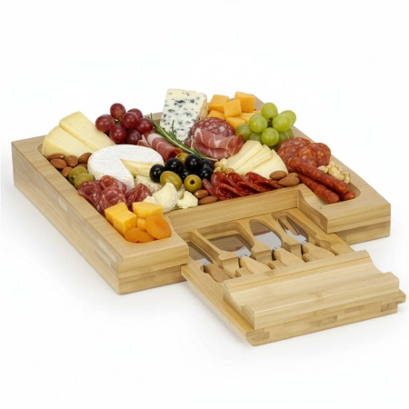 Set servire branzeturi platou bambus sertar glisant 4 accesorii, 33x33x4 cm, compact, maro natur [11]