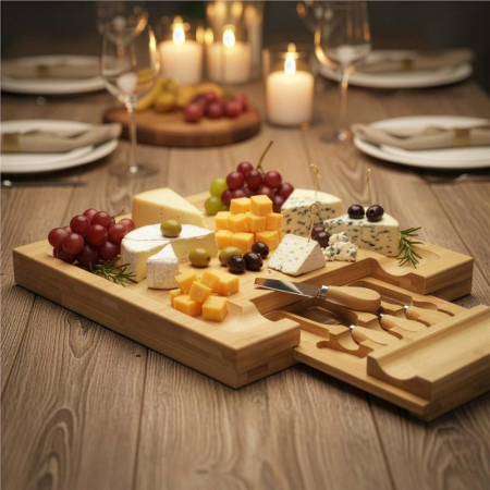 Set servire branzeturi platou bambus sertar glisant 4 accesorii, 33x33x4 cm, compact, maro natur [15]