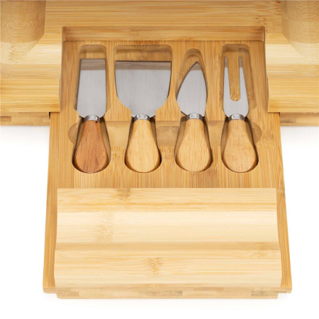 Set servire branzeturi platou bambus sertar glisant 4 accesorii, 33x33x4 cm, compact, maro natur [6]