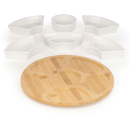 Set servire rotativ platou bambus 6 boluri portelan mecanism 360, 30 cm diametru, natural alb [15]