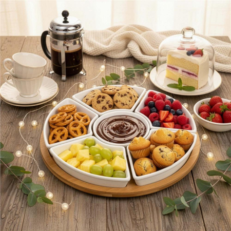 Set servire rotativ platou bambus 6 boluri portelan mecanism 360, 30 cm diametru, natural alb [6]