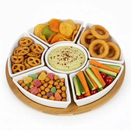 Set servire rotativ platou bambus 6 boluri portelan mecanism 360, 30 cm diametru, natural alb [7]