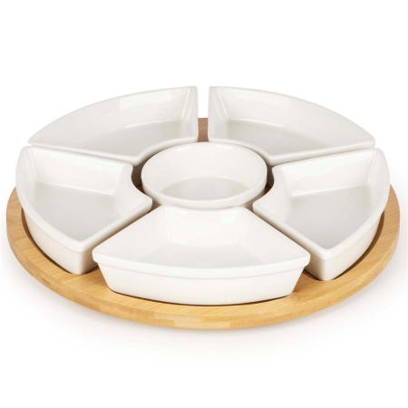 Bucatarie - Set servire rotativ platou bambus 6 boluri portelan mecanism 360, 30 cm diametru, natural alb