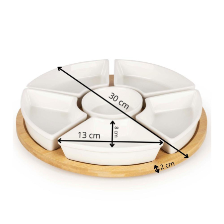 Set servire rotativ platou bambus 6 boluri portelan mecanism 360, 30 cm diametru, natural alb [17]