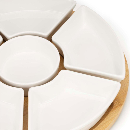 Set servire rotativ platou bambus 6 boluri portelan mecanism 360, 30 cm diametru, natural alb [11]