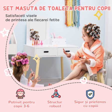  Set Toaleta pentru Copii din Lemn, Masa de Machiaj cu Oglinda, 2 Sertare si Scaunel, 60x40x95 cm, Alb [3]