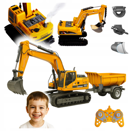 Set utilaje telecomandate excavator basculanta lumini abur, 3 atasamente, acumulator usb, multicolor [13]