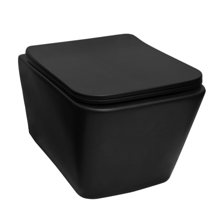 Vase WC - Set vas WC suspendat, Fluminia, Paris, rimless, cu capac quick release si soft close, negru mat