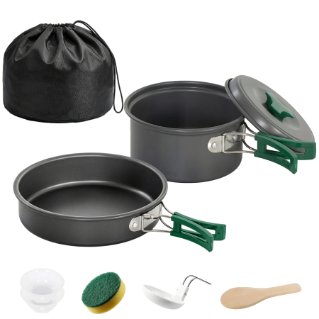  Set vesela pentru gatit camping 8 piese, set exterior cu manere anti-oparire, oala si tigaie care se incalzesc rapid, gri [6]
