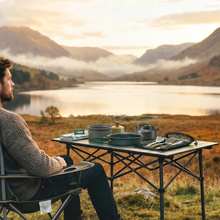  Set vesela pentru gatit camping 8 piese, set exterior cu manere anti-oparire, oala si tigaie care se incalzesc rapid, gri [4]