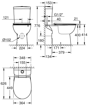 Set WC Grohe 39942000, 364 mm, 776 mm, 626 mm, capac softclose, pe podea, interior zona montaj, jet de apa, Alb [5]