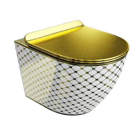 Vase WC - Set WC suspendat Spectrum, Trendi Slim, rimless, cu capac, 36.5 x 49 cm, alb-auriu