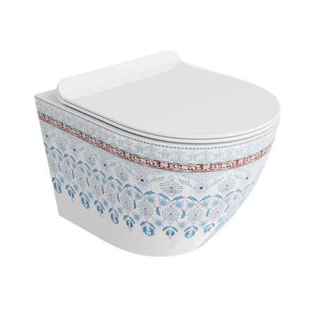 Vase WC - Set WC suspendat Spectrum, Trendi Slim, rimless, cu capac soft close, alb cu model folcloric