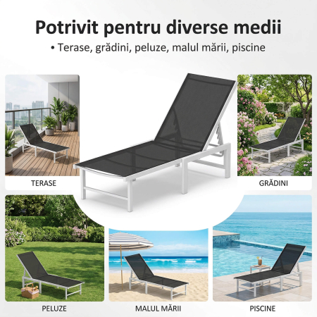  sezlong cu spatar reglabil pe 5 niveluri, din otel si textilen, 60x166x84 cm, alb si gri [6]