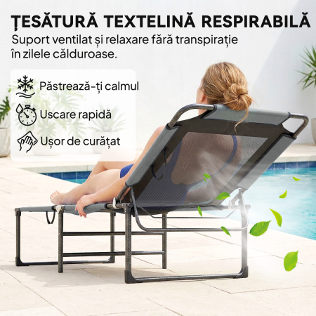  sezlong de Exterior Reglabil 4 Pozitii, Scaun Pliabil cu Maner, Gri. [5]